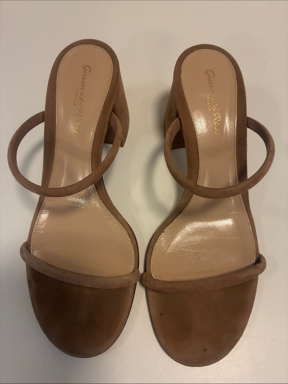 Gianvito Rossi Tan Suede Double-Strap Block Heel Sandals